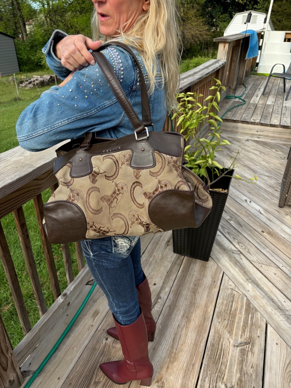 VINTAGE CELINE ! Monogram Horse Cart Large shoulder bag *good/very good*